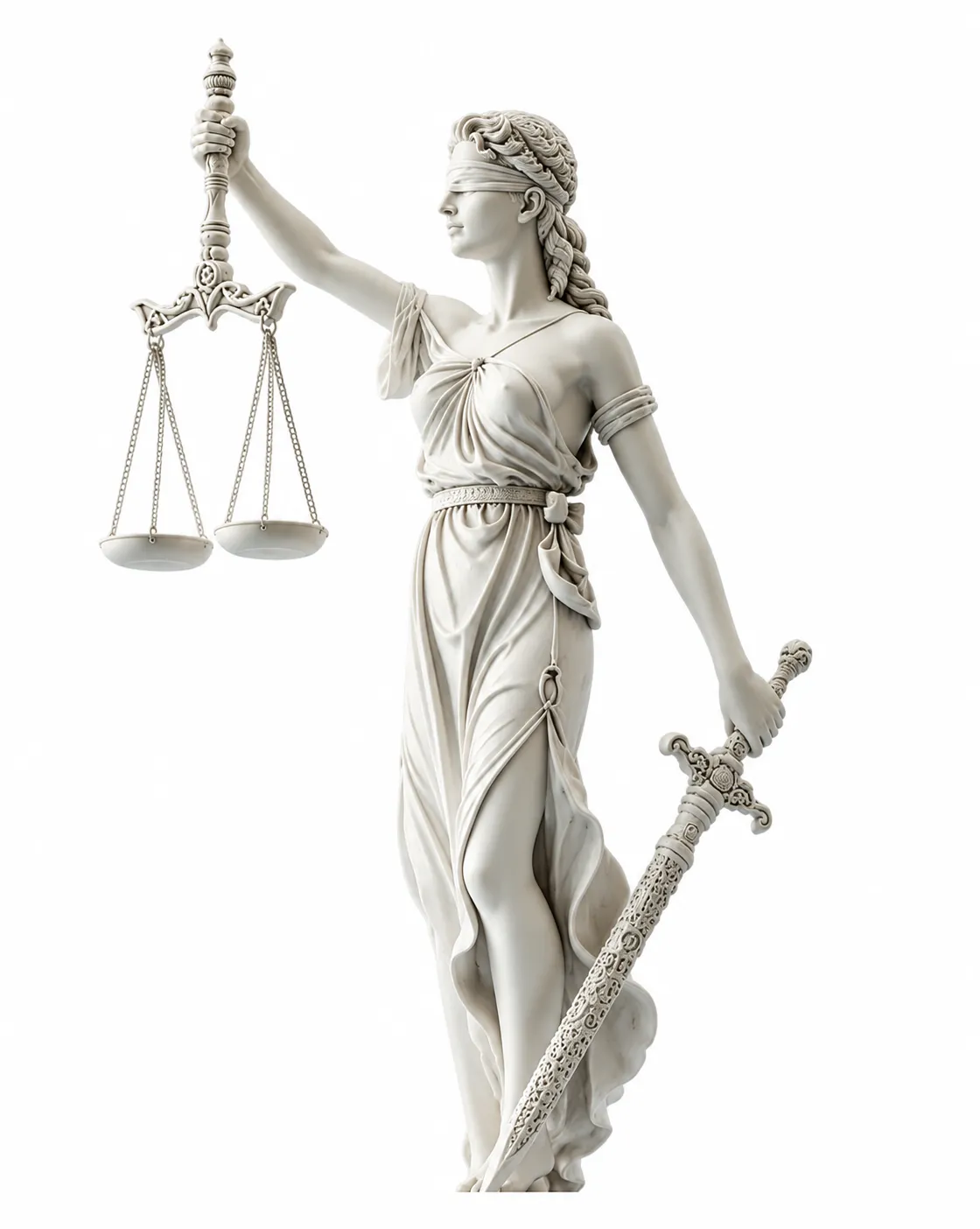 Statue of Lady Justice, blindfolded, holding scales and a sword.